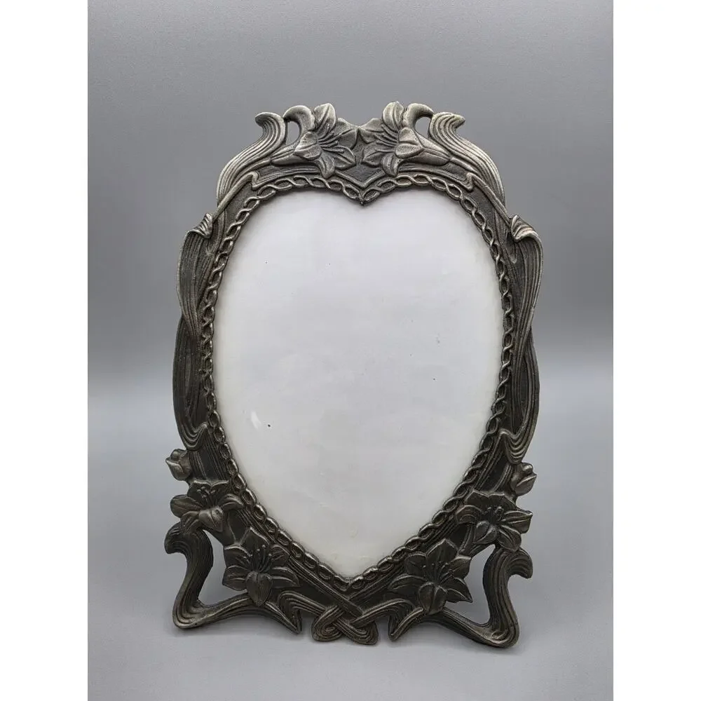 Vintage Heart Shaped Lillies Floral Art Nouveau Pewter Picture Frame